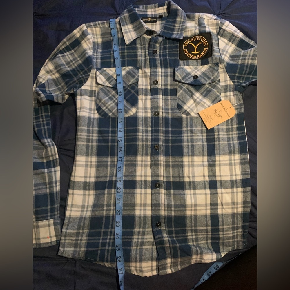 Yellowstone XS Blue and White plaid Button Down Dutton Ranch Embroidered Patch - Picture 7 of 7